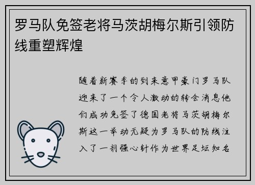 罗马队免签老将马茨胡梅尔斯引领防线重塑辉煌